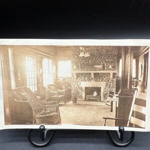 Antique Photo Craftsman Reception Hall Wicker Chairs Stone Fireplace Early 1900s